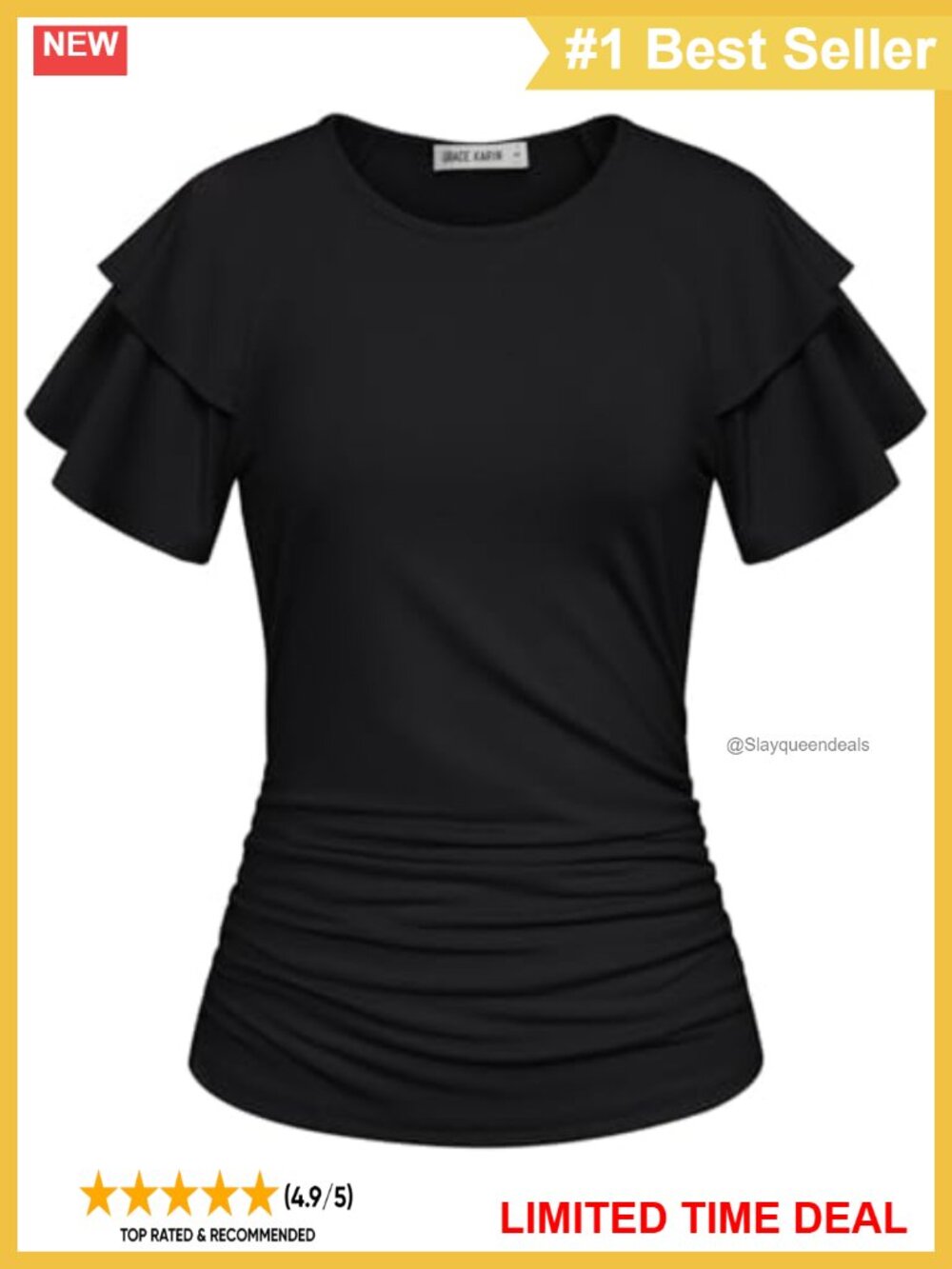 Ruffle Sleeve Ruched Waist Blouse Dressy Casual Work Top